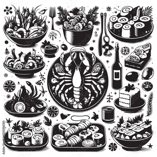 Festive seafood dishes food cooked modern delicacies with a presentation on the plate vector illustration. Delicious dishes: salads and soups of shrimp, crab, mussels, baked fish, rolls, sushi, octopu