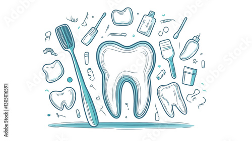 A vector illustration featuring a large central tooth surrounded by various dental hygiene tools and elements, including a toothbrush, toothpaste tube, floss, mouthwash bottle, and smaller