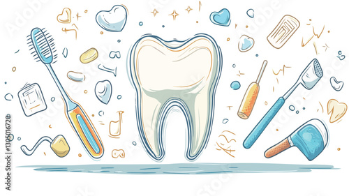 A whimsical illustration featuring a large central tooth surrounded by various dental care tools and elements, including a toothbrush, toothpaste tube, dental floss, and other dental
