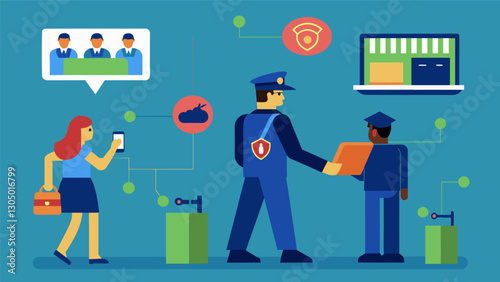 Through realtime data analysis a police department identifies a pattern in thefts at a popular shopping mall and increases surveillance in the area.. Vector illustration
