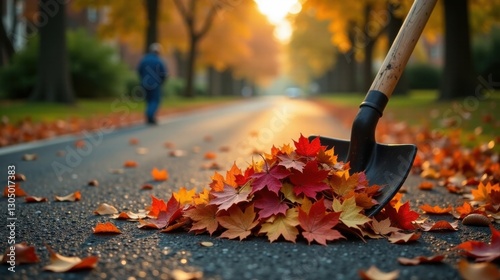 Autumnal Cleaning A Shovelful of Golden and Crimson Leaves on a Sunlit Roadway