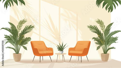 The illustration depicts a minimalist interior scene featuring two orange armchairs positioned facing each other around a small round table.  A small potted plant sits on the table.  Large