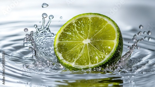 Fresh Lime Slice with Water Splash on Light Background