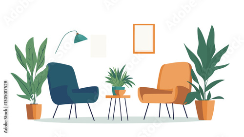 A vector illustration depicting a minimalist modern living room interior.  The scene features two armchairs, one teal and one mustard yellow, positioned facing each other. A small round