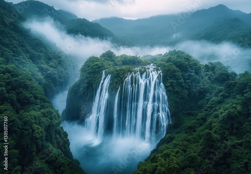 Serene Majestic Waterfall Cascading Through Lush Green Valley Surrounded by Misty Mountains Under Soft Blue Sky at Dawn