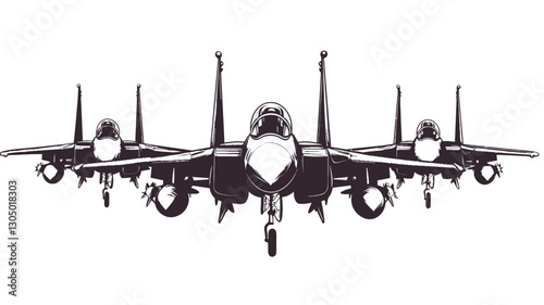 A front view silhouette of a fighter jet, rendered in monochrome. The image is a vector graphic, showing the aircraft's wings, engines, and cockpit in detail. The background is pure white.