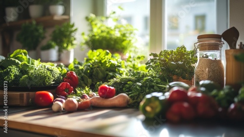 selection of seasonal vegetables on a counter, a bright atmosphere in the kitchen and natural light generative ai