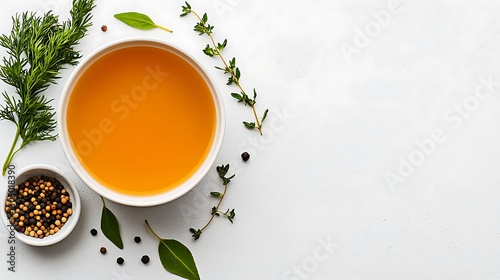 Overhead view of a white bowl of broth with herbs and spices on a white background