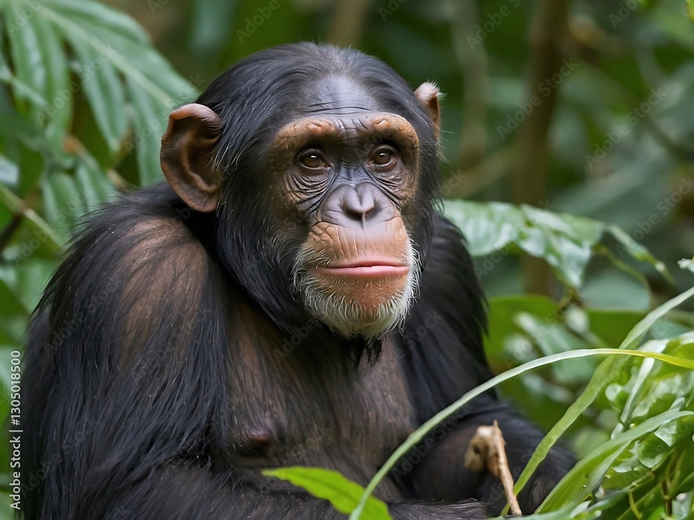 Chimpanzee Portrait in Tropical Rainforest: Primate Conservation and Wildlife Photography Insight Chimpanzee Portrait in Tropical Rainforest: Primate Conservation and Wildlife Photography Insight