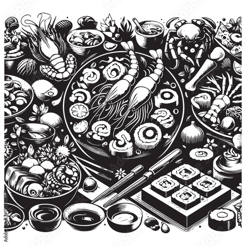 Festive seafood dishes food cooked modern delicacies with a presentation on the plate vector illustration. Delicious dishes: salads and soups of shrimp, crab, mussels, baked fish, rolls, sushi, octopu