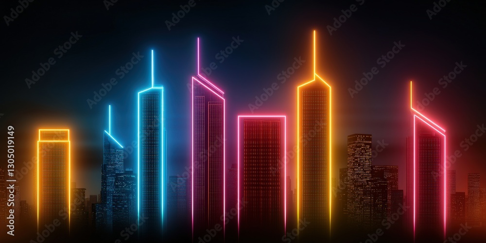Fototapeta premium peak energy demand concept. Neon skyline with colorful lights against a dark background.