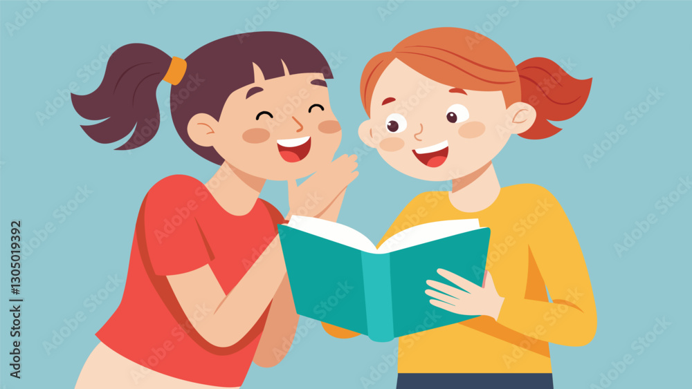 Two students whisper and giggle as they huddle together one holding a popup book and the other with their finger tracing the words taking turns reading to each other with. Vector illustration Two students whisper and giggle as they huddle together one holding a popup book and the other with their finger tracing the words taking turns reading to each other with. Vector illustration