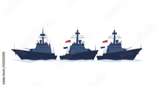 A digital illustration depicting three navy destroyers in silhouette, rendered in dark blue against a white background.  The ships are presented in a side profile view, positioned in a row,