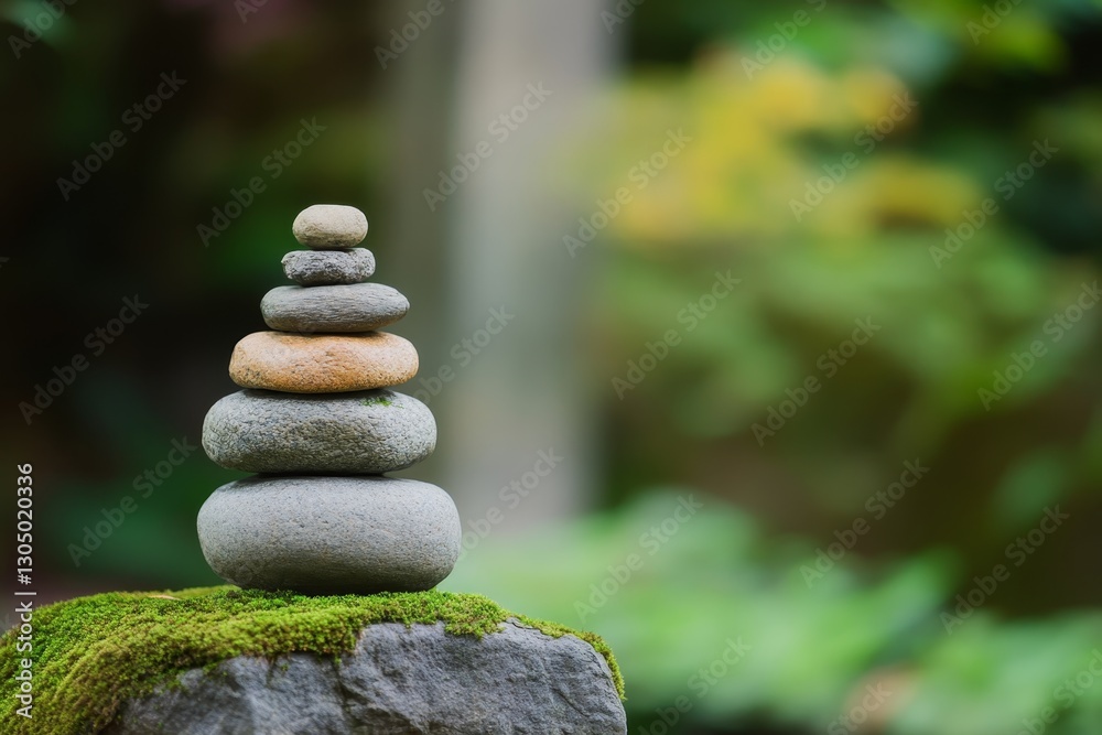 Balanced stones stacked on moss in a serene garden setting, showcasing tranquility and mindfulness in nature Balanced stones stacked on moss in a serene garden setting, showcasing tranquility and mindfulness in nature