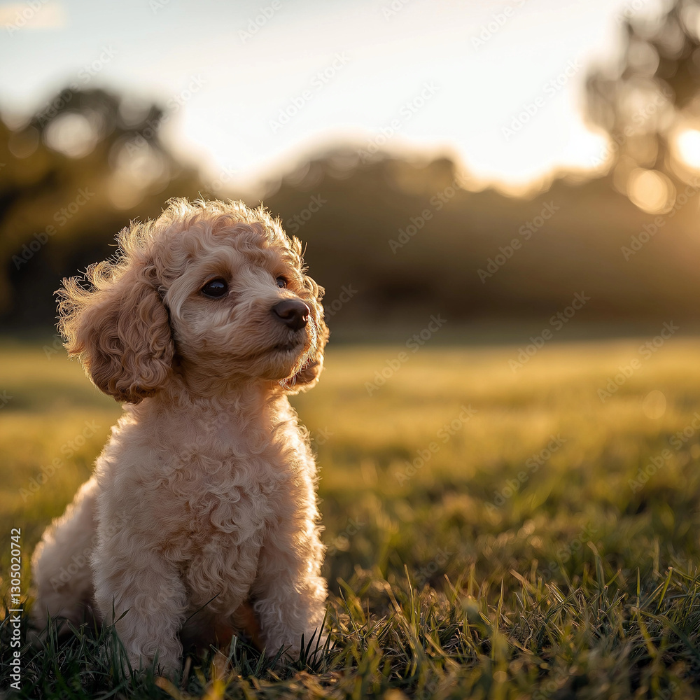 Cute puppy sitting in a sunny field