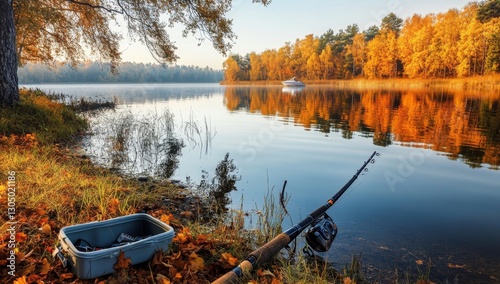Fototapeta Naklejka Na Ścianę i Meble -  Autumn fishing on a tranquil lake