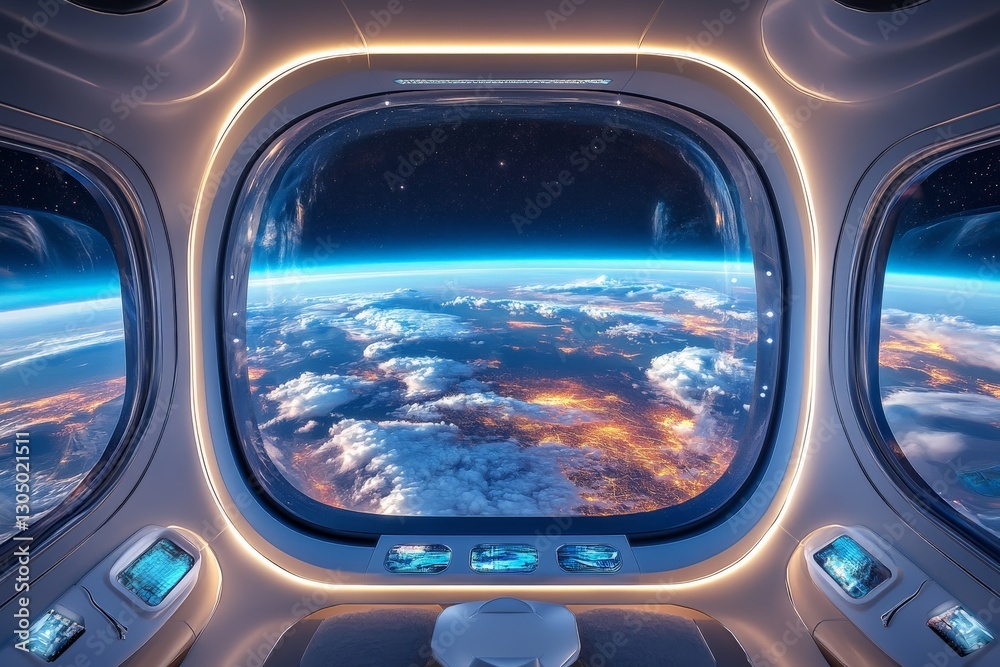 Naklejka premium View of Earth from a futuristic space cabin showing clouds and city lights at night