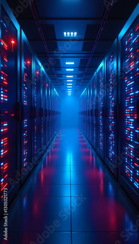 Modern data center server room with glowing blue and red lights for cloud computing and cybersecurity marketing