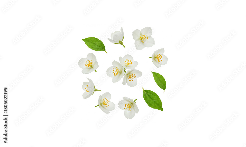 Obraz premium Beautiful Jasmine Flowers Floating in the Air on Pure White Background