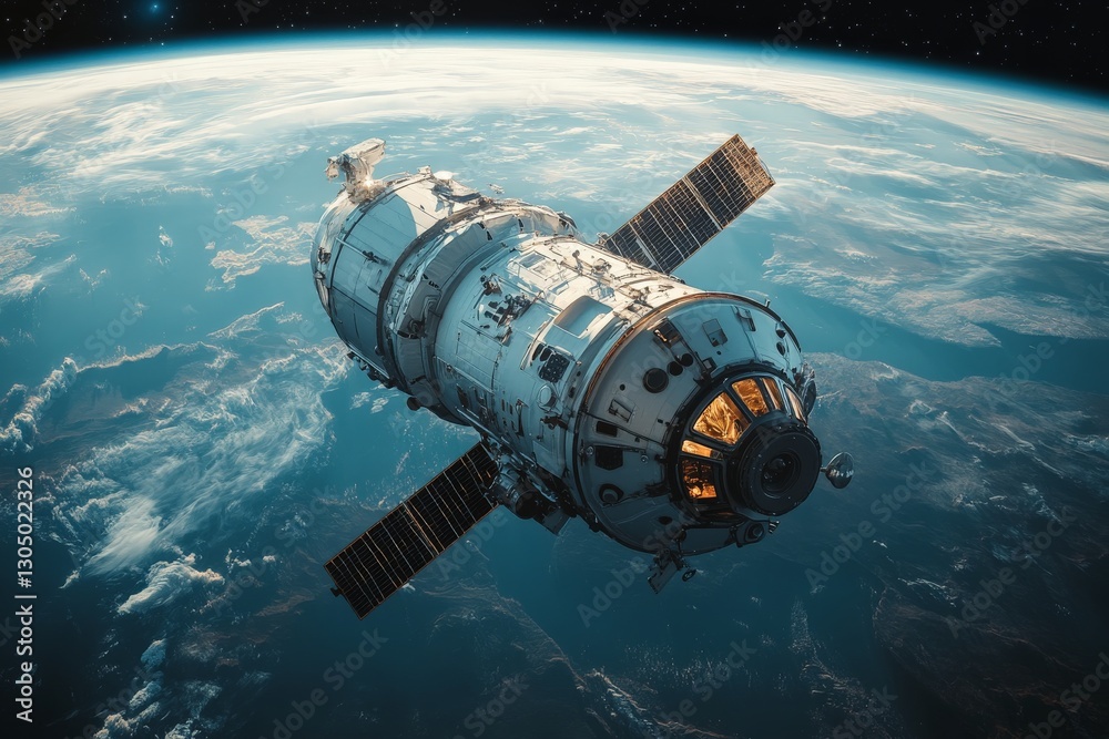 Obraz premium Expedition module orbits Earth showcasing advanced technology and breathtaking views
