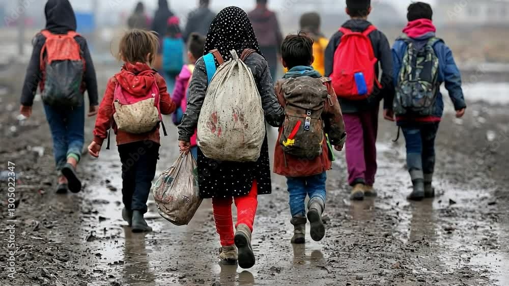 A poignant scene of refugees traversing a stark landscape, carrying tattered bags with their few belongings.