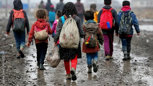 A poignant scene of refugees traversing a stark landscape, carrying tattered bags with their few belongings.