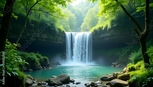 Stunning Waterfall and Lush Greenery Border Frame with Copy Space for World Environment Day - Nature Preservation Concept in Photo Stock with Empty Space on the Left Side
