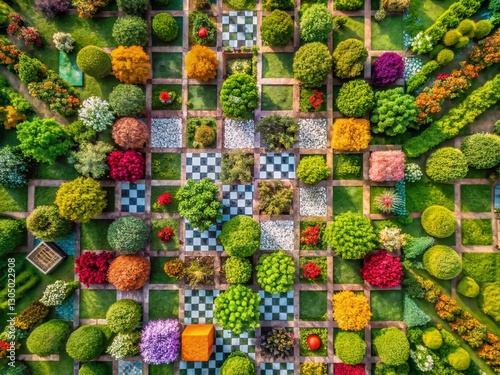 Aerial View Abstract Checkerboard Pattern Vibrant Plant Garden