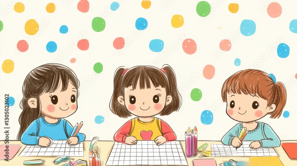 Children Drawing Together with Colorful Background and Art Supplies Children Drawing Together with Colorful Background and Art Supplies