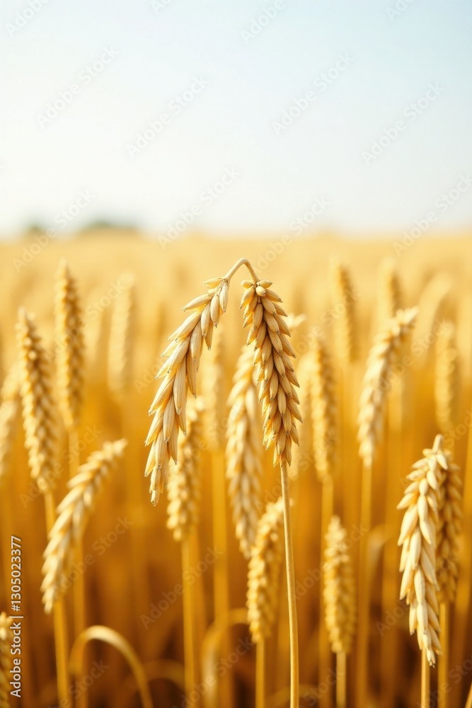 Fototapeta premium Golden Wheat Stalks in a Sunlit Field, a Close-Up View Showing the Detailed Texture of the Ripe Grains, and Their Elegant Curves in the Summer Sun