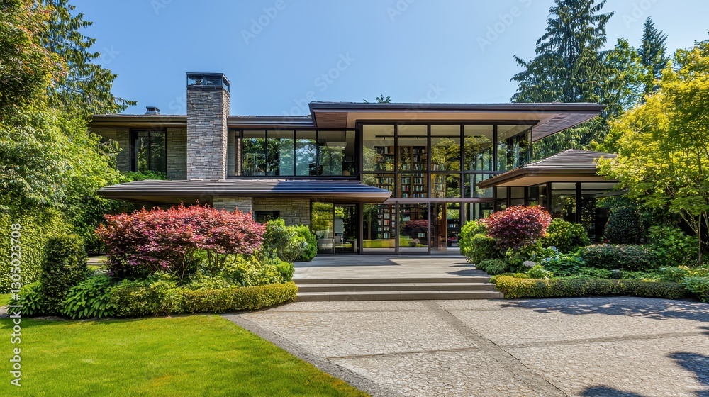 Sunlit Geometric Modern Mansion with Library Sunlit Geometric Modern Mansion with Library
