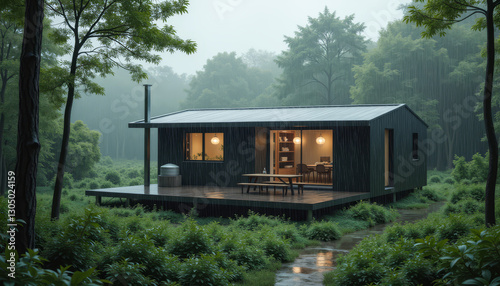 Cozy cabin in a lush green forest during a rainy day