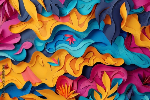 A vibrant abstract composition showcasing colorful, flowing layers of paper in vivid hues, creating an eye-catching visual display perfect for creative projects.
