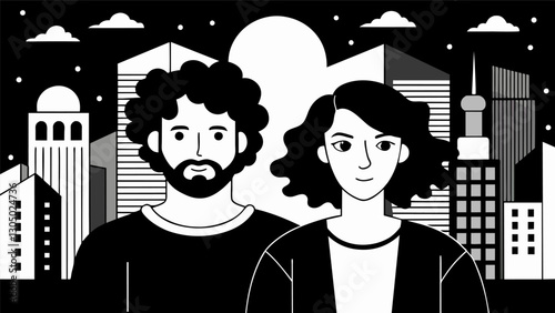 Two Gen X filmmakers explore issues of identity and selfdiscovery in their intimate blackandwhite production set in a city loft.. Vector illustration