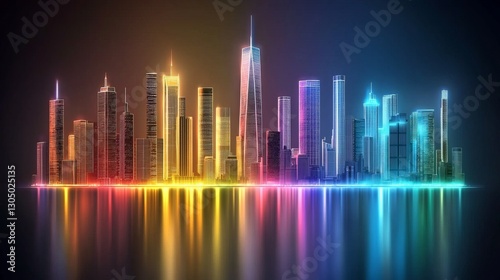Embracing diversity innovation. A vibrant city skyline illuminated with colorful lights, reflecting in water, creating a stunning visual impact.