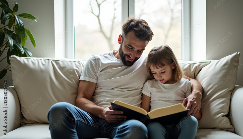 Father and daughter reading a book together on the couch Father and daughter reading a book together on the couch