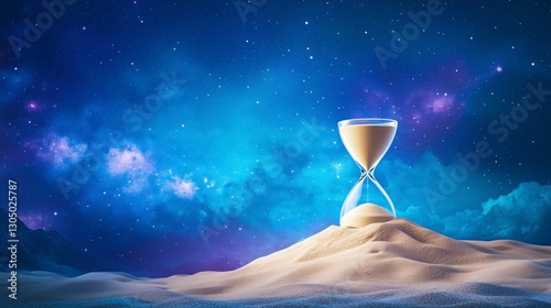 Ethereal Hourglass on Sand Dune Beneath Starry Night Sky in Space