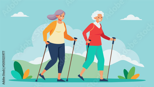 Two senior women walking side by side as they participate in adaptive Nordic walking utilizing poles with stability grips.. Vector illustration