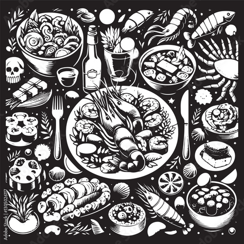 Festive seafood dishes food cooked modern delicacies with a presentation on the plate vector illustration. Delicious dishes: salads and soups of shrimp, crab, mussels, baked fish, rolls, sushi, octopu