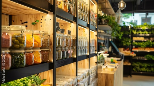 A vibrant display of fresh herbs and ingredients stored in clear jars, set against wooden shelves, promoting healthy eating and sustainability in a modern grocery environment.