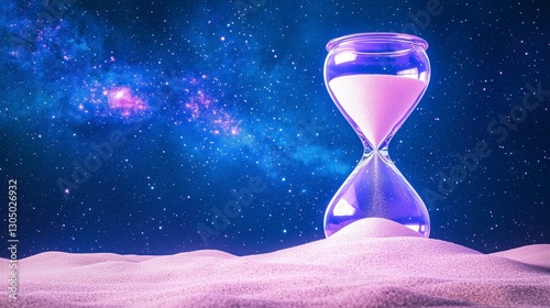 Hourglass in Cosmic Landscape with Stars and Sand Reflecting Time