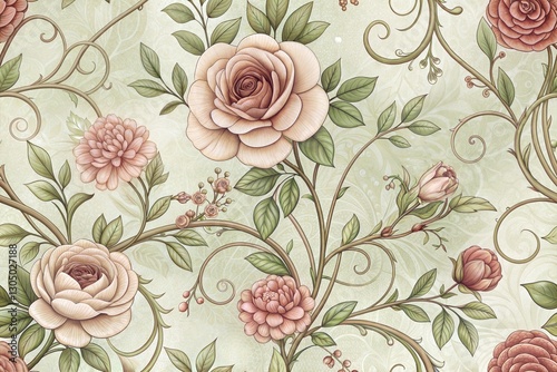 Elegant Floral Pattern with Vintage Roses and Leaves - High-Quality Botanical Illustration