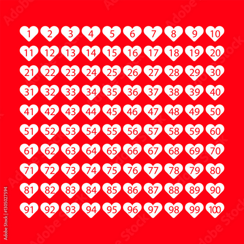 Table of Numbers from 1 to 100, made in white hearts on a red background