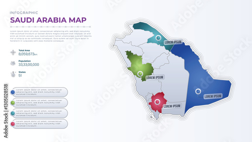 Total Area, Papulation, States & More Detailed Infographic Map of Saudi Arabia. Saudi Arabia country map infographic colored vector template with regions and pointer marks.