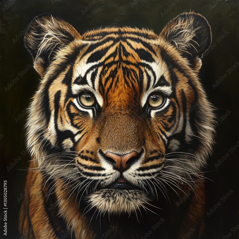 Fototapeta premium Intense Tiger Portrait Close Up View of an Orange and Black Striped Tiger Against a Dark Background