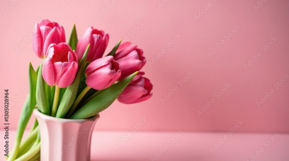 Fototapeta premium A delicate bouquet of pink tulips arranged in a pale pink vase against a soft pink background, creating a serene and romantic springtime scene.
