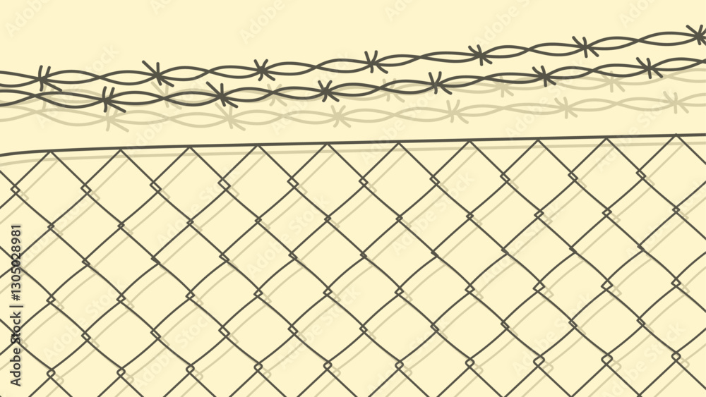 Fototapeta premium A chain-link fence with barbed wire on top, creating a security barrier on a beige background
