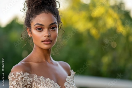 This portrait captures a bride in an off-shoulder gown adorned with intricate detailing, radiating beauty and elegance in a lush outdoor setting, embodying love and celebration. photo