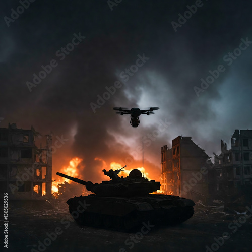 Military drone quadcopter with a grenade flies away from a burning tank during a war at dark night.