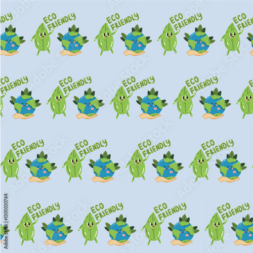 Vector seamless pattern of the Earth. A backdrop replicating Earth day, with the sweet smiling planet kawaii. Eco-friendly digital paper with a globe and a forest. Ecological design for wallpaper, tex
